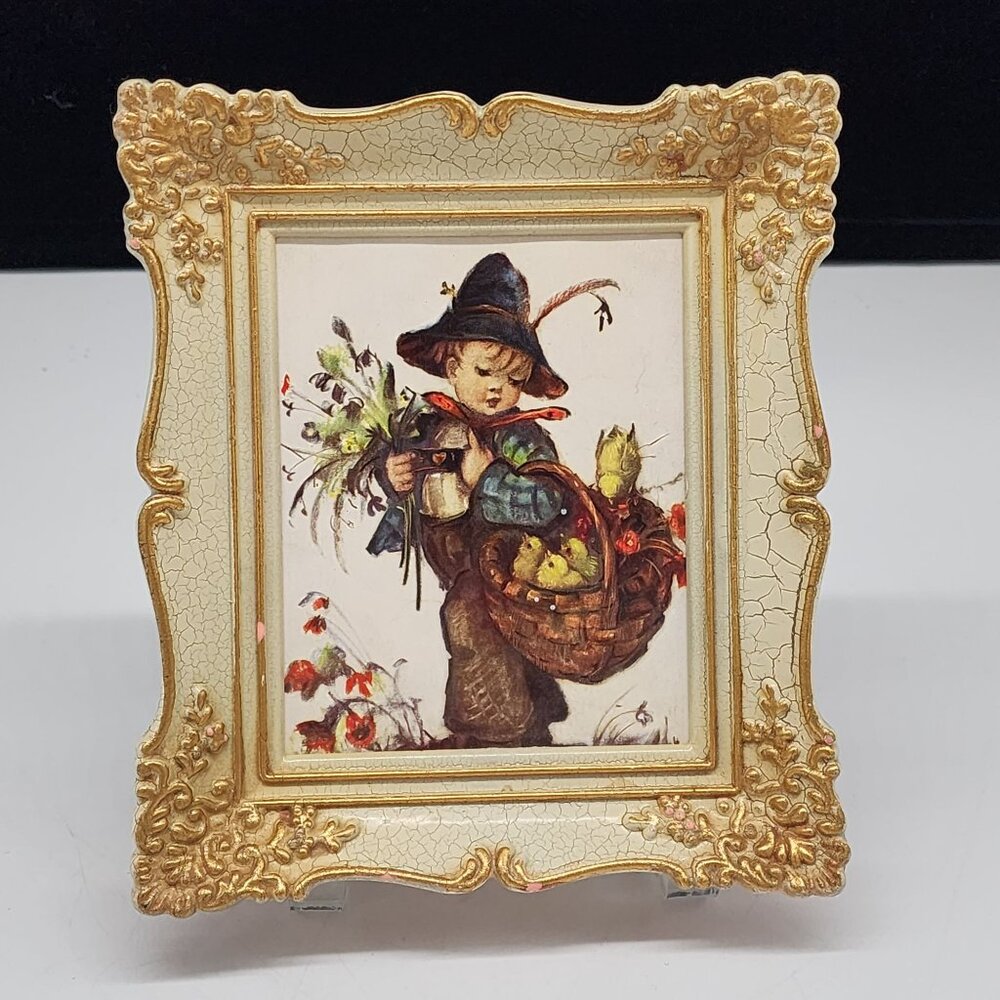 Vintage Gold Ornate Crackle Frame With Child & Basket Print Lightweight Plastic